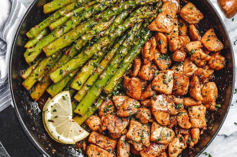 Garlic Butter Chicken Bites with Lemon Asparagus